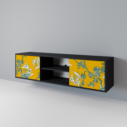 YELLOW CHINOISERIE 2-Door TV Stand in Black Finish