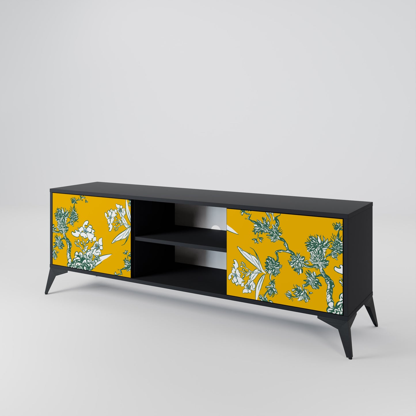 YELLOW CHINOISERIE 2-Door TV Stand in Black Finish