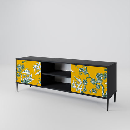 YELLOW CHINOISERIE 2-Door TV Stand in Black Finish