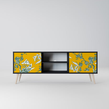 YELLOW CHINOISERIE 2-Door TV Stand in Black Finish