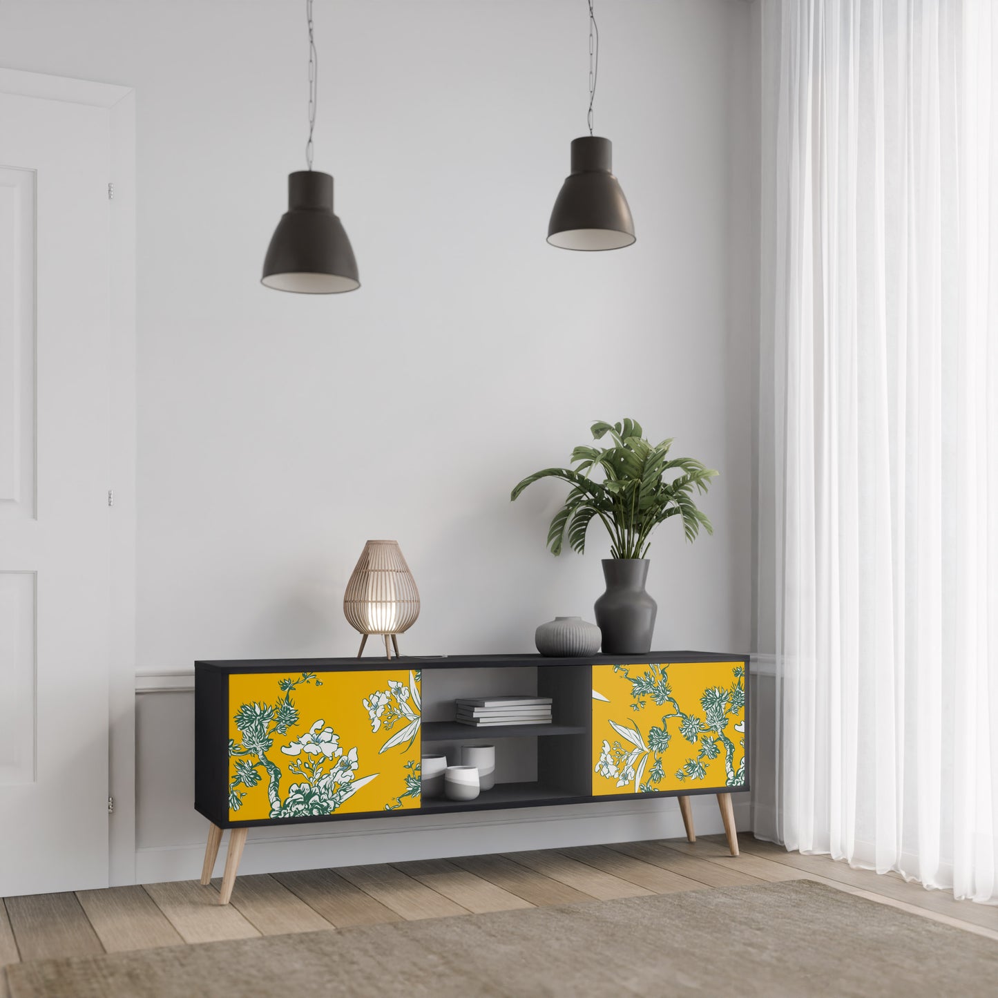 YELLOW CHINOISERIE 2-Door TV Stand in Black Finish