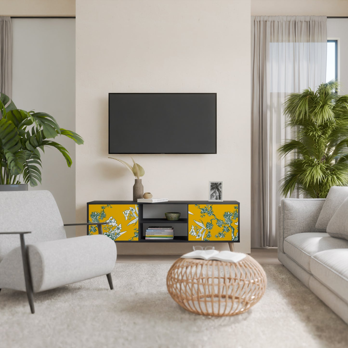 YELLOW CHINOISERIE 2-Door TV Stand in Black Finish
