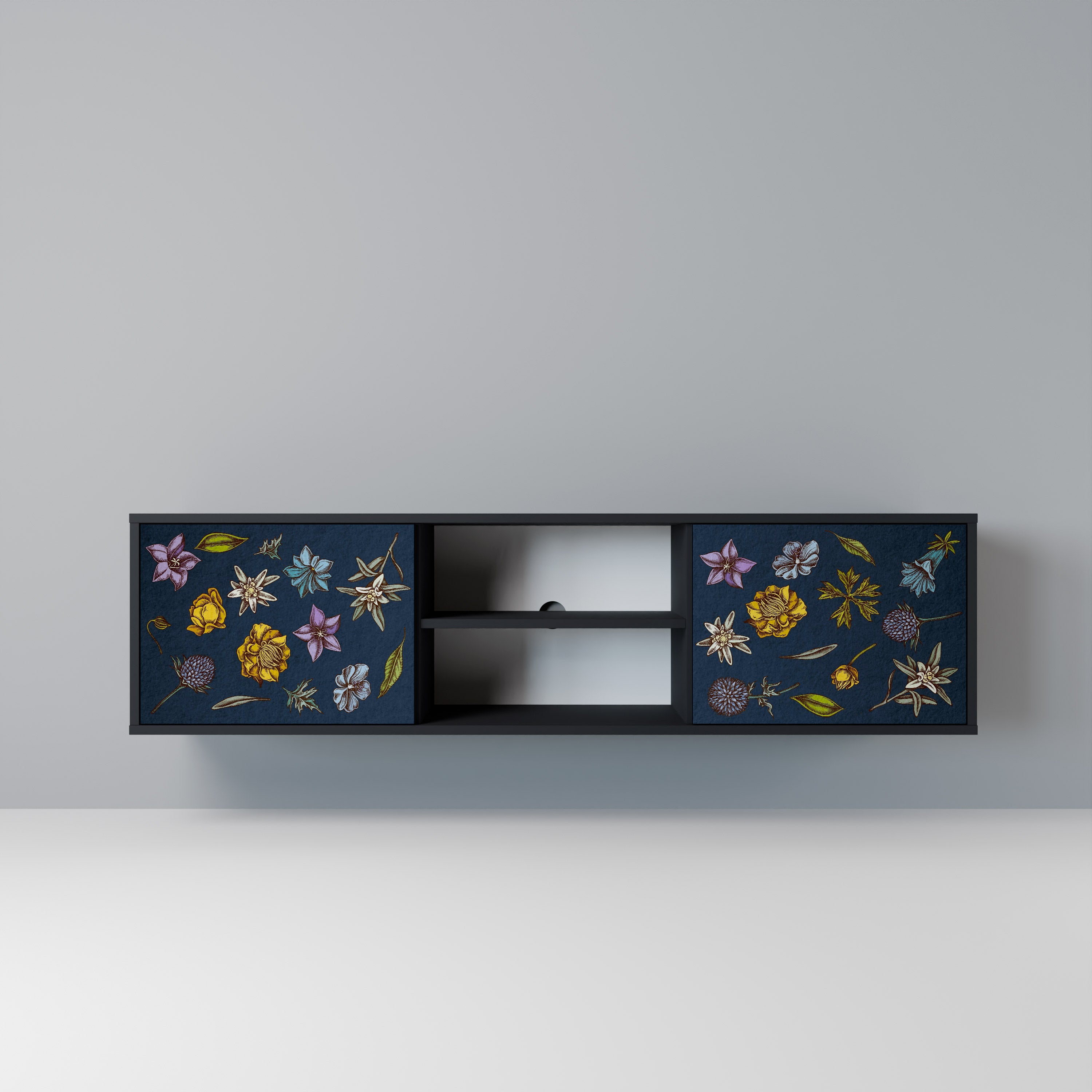 BLOMMOR PÅ MARINBLÅT 2-dörrars TV-bänk i svart finish