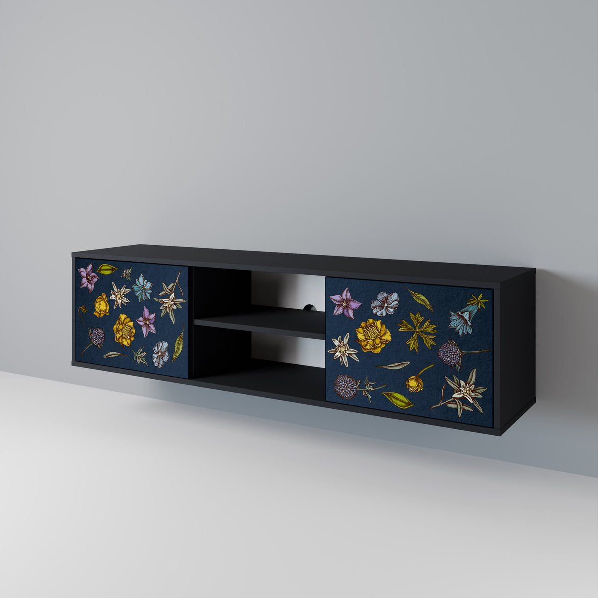 FLOWERS ON NAVY BLUE TV-bänk med två dörrar
