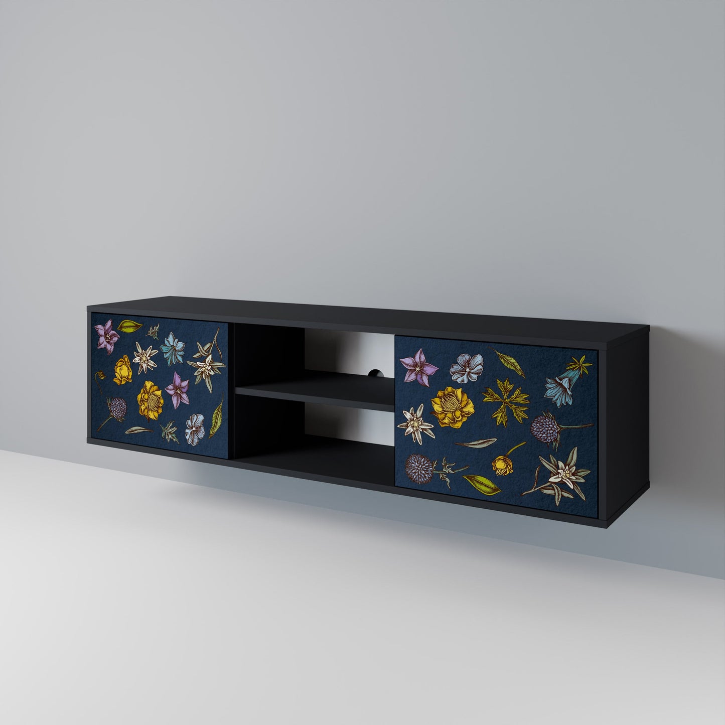BLOMMOR PÅ MARINBLÅT 2-dörrars TV-bänk i svart finish