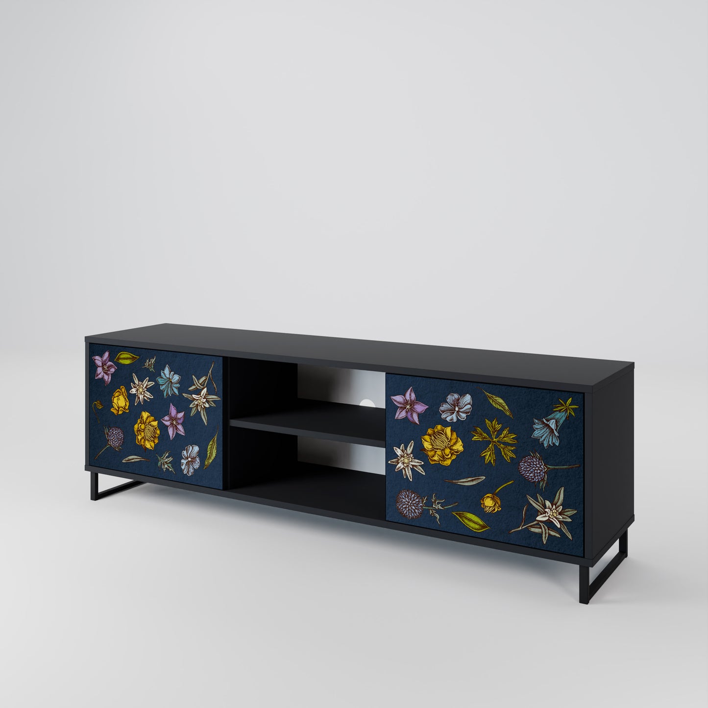 BLOMMOR PÅ MARINBLÅT 2-dörrars TV-bänk i svart finish