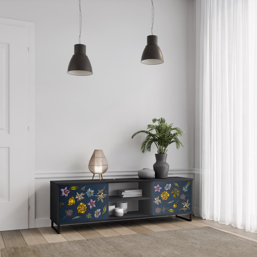 BLOMMOR PÅ MARINBLÅT 2-dörrars TV-bänk i svart finish