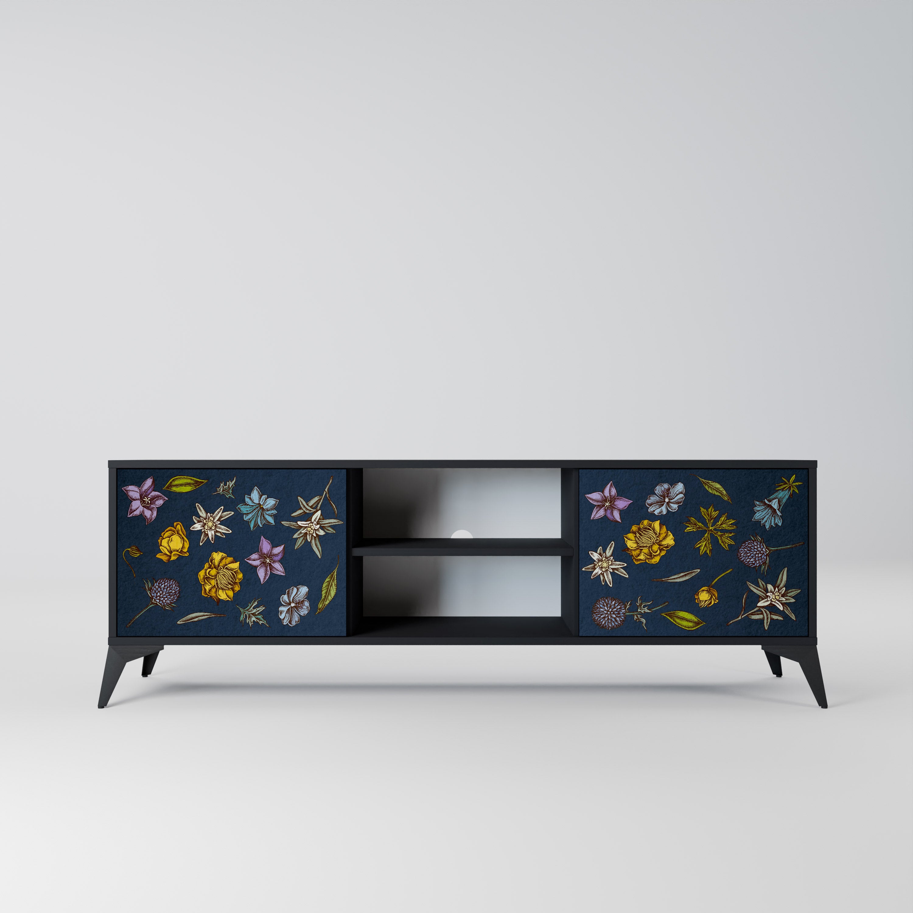 BLOMMOR PÅ MARINBLÅT 2-dörrars TV-bänk i svart finish
