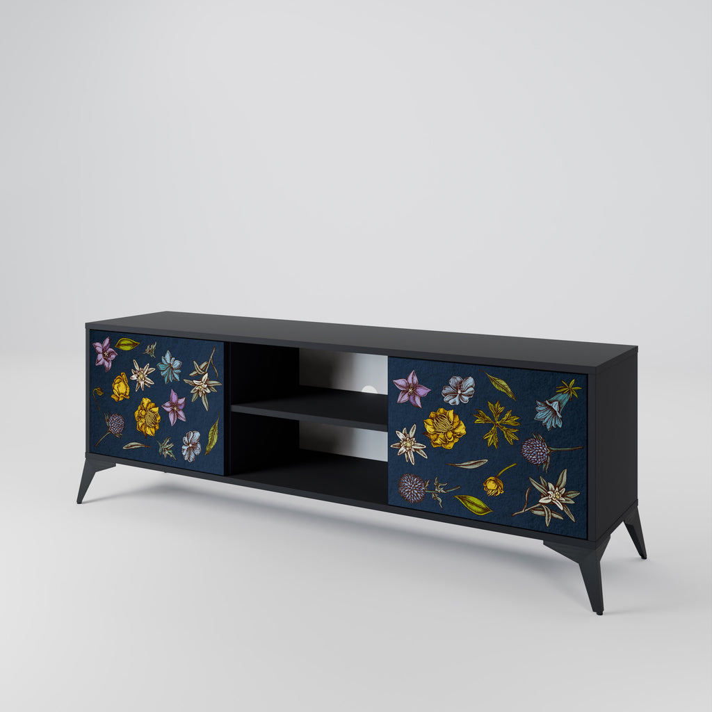 BLOMMOR PÅ MARINBLÅT 2-dörrars TV-bänk i svart finish