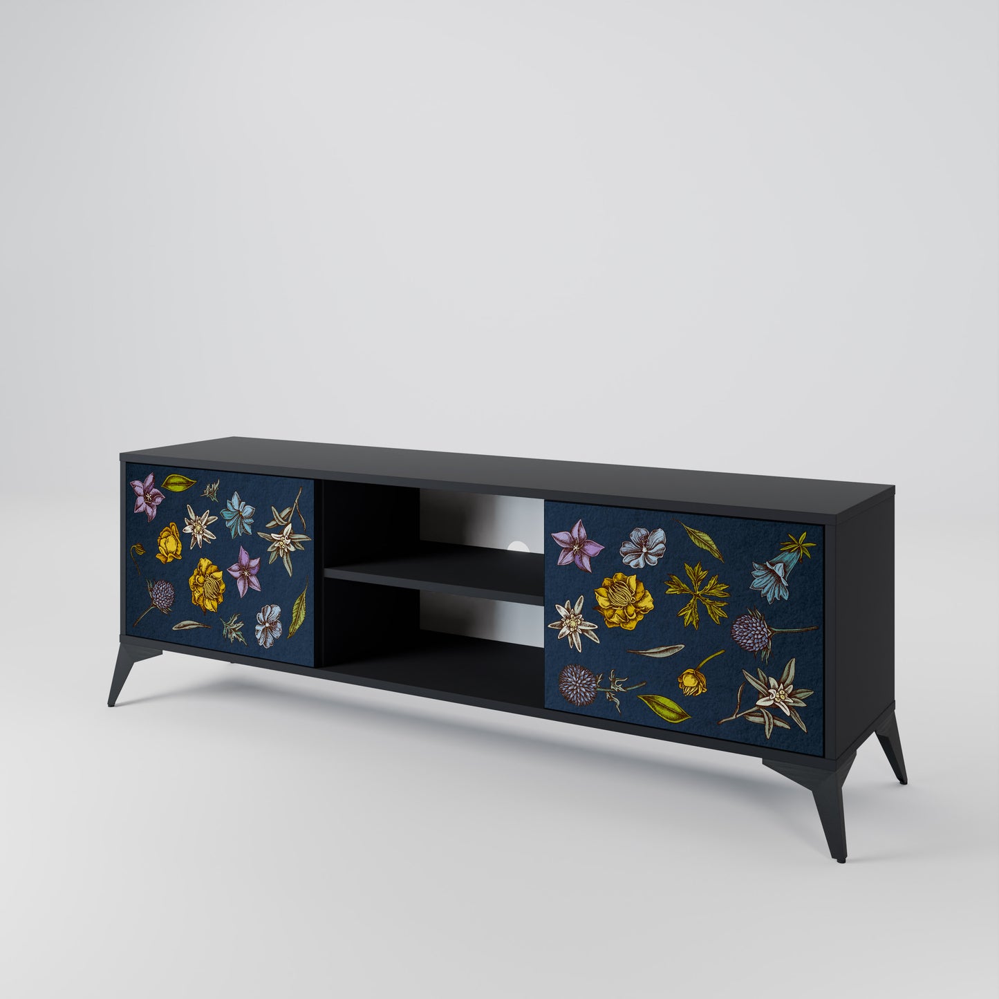 BLOMMOR PÅ MARINBLÅT 2-dörrars TV-bänk i svart finish