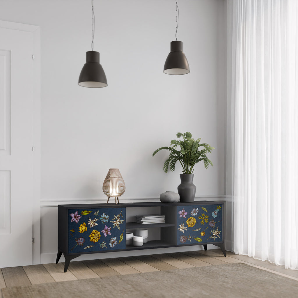 BLOMMOR PÅ MARINBLÅT 2-dörrars TV-bänk i svart finish