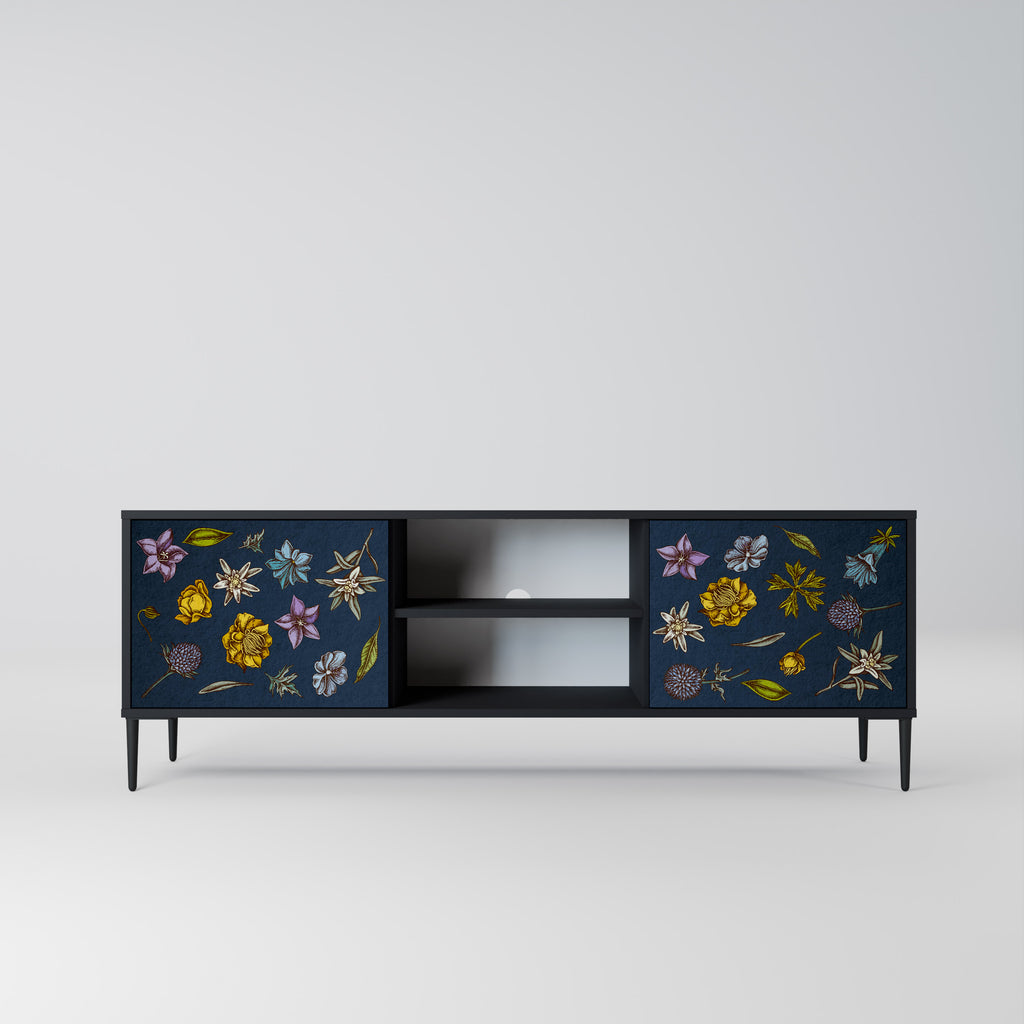 BLOMMOR PÅ MARINBLÅT 2-dörrars TV-bänk i svart finish