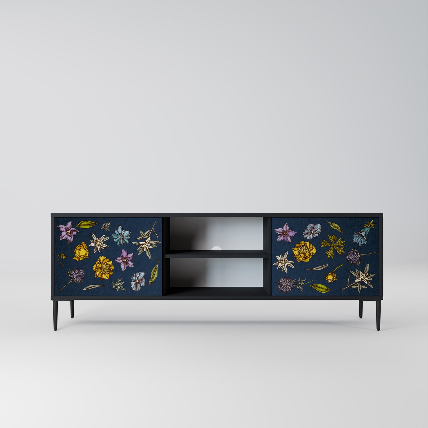 BLOMMOR PÅ MARINBLÅT 2-dörrars TV-bänk i svart finish