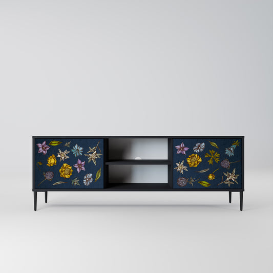 BLOMMOR PÅ MARINBLÅT 2-dörrars TV-bänk i svart finish