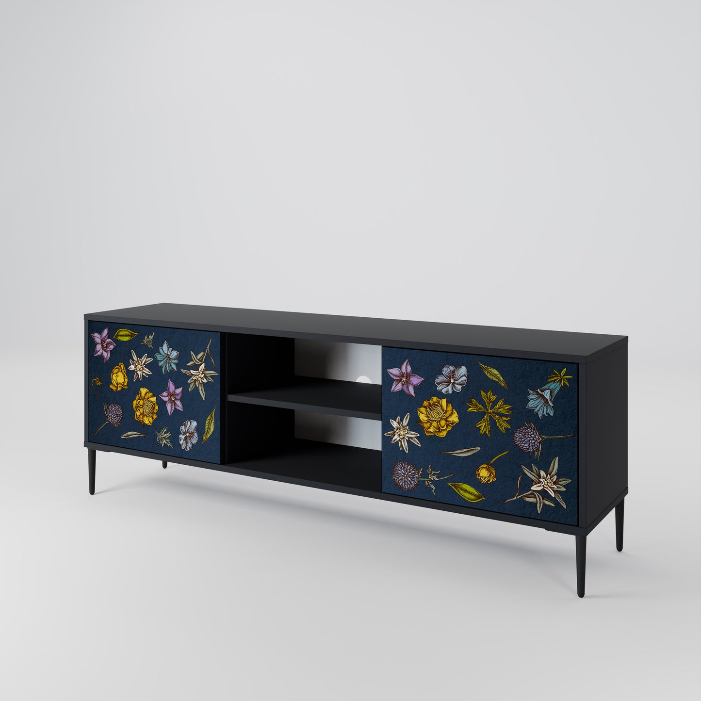 BLOMMOR PÅ MARINBLÅT 2-dörrars TV-bänk i svart finish