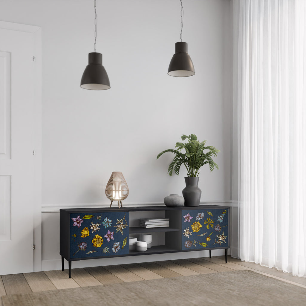 BLOMMOR PÅ MARINBLÅT 2-dörrars TV-bänk i svart finish