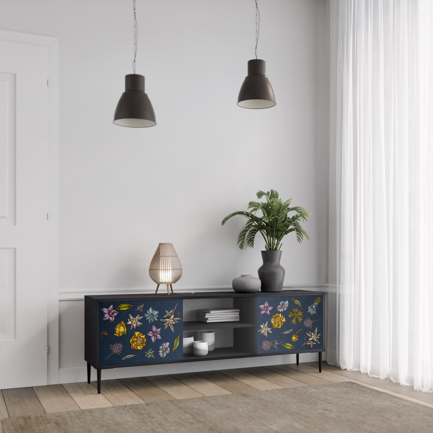 BLOMMOR PÅ MARINBLÅT 2-dörrars TV-bänk i svart finish