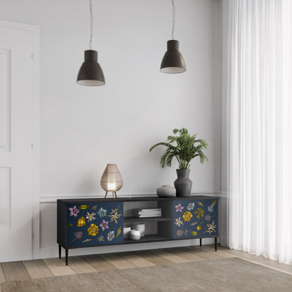 BLOMMOR PÅ MARINBLÅT 2-dörrars TV-bänk i svart finish