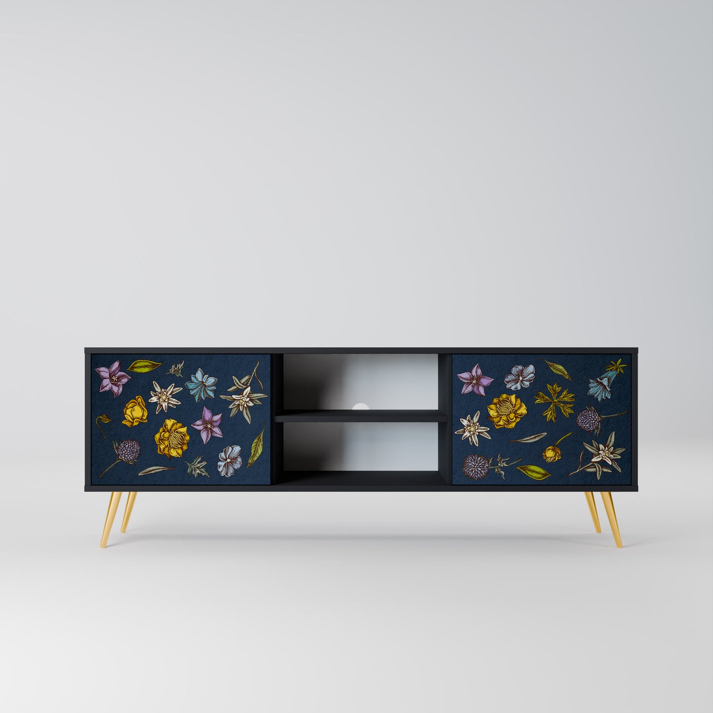 BLOMMOR PÅ MARINBLÅT 2-dörrars TV-bänk i svart finish