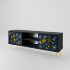 FLOWERS ON NAVY BLUE 2-Door TV Stand in Black Finish
