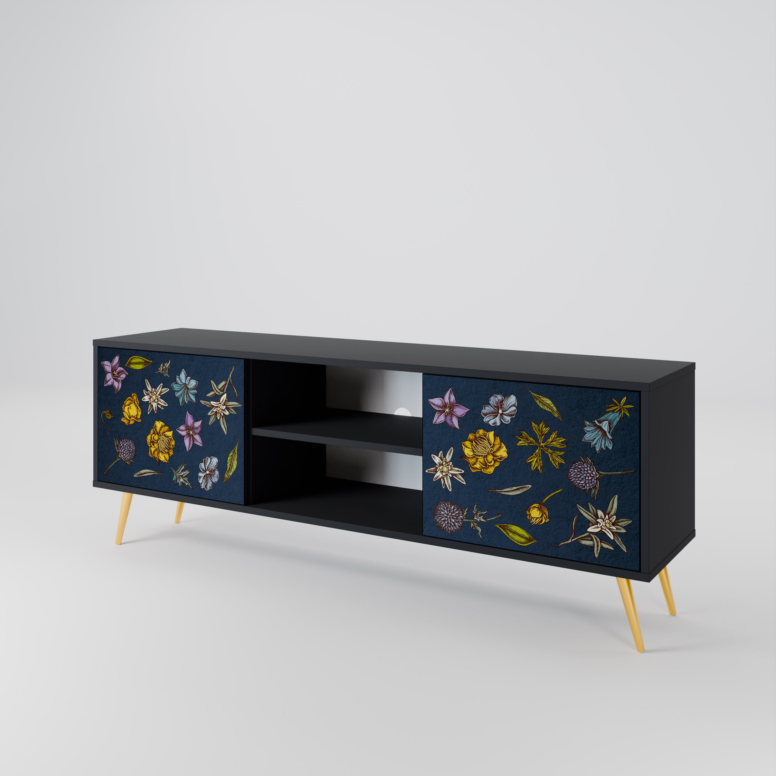 BLOMMOR PÅ MARINBLÅT 2-dörrars TV-bänk i svart finish