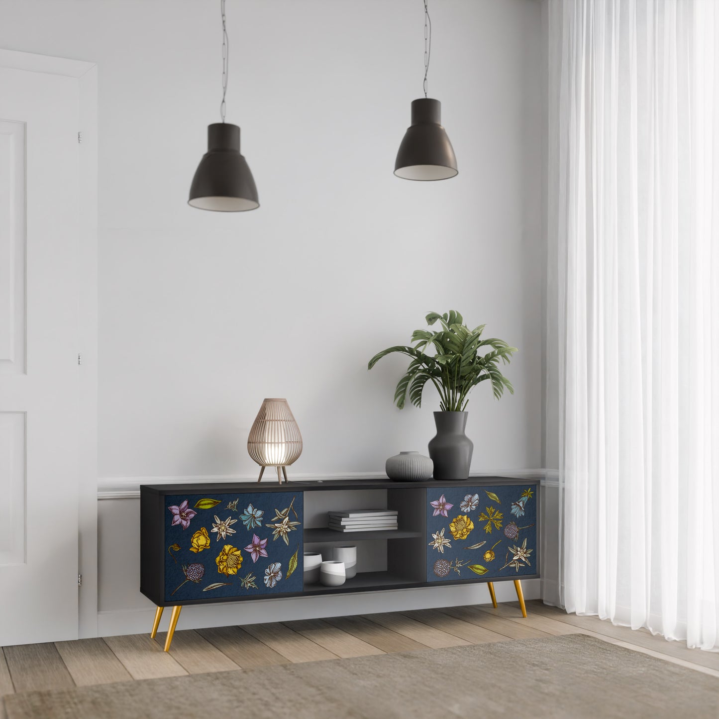 BLOMMOR PÅ MARINBLÅT 2-dörrars TV-bänk i svart finish