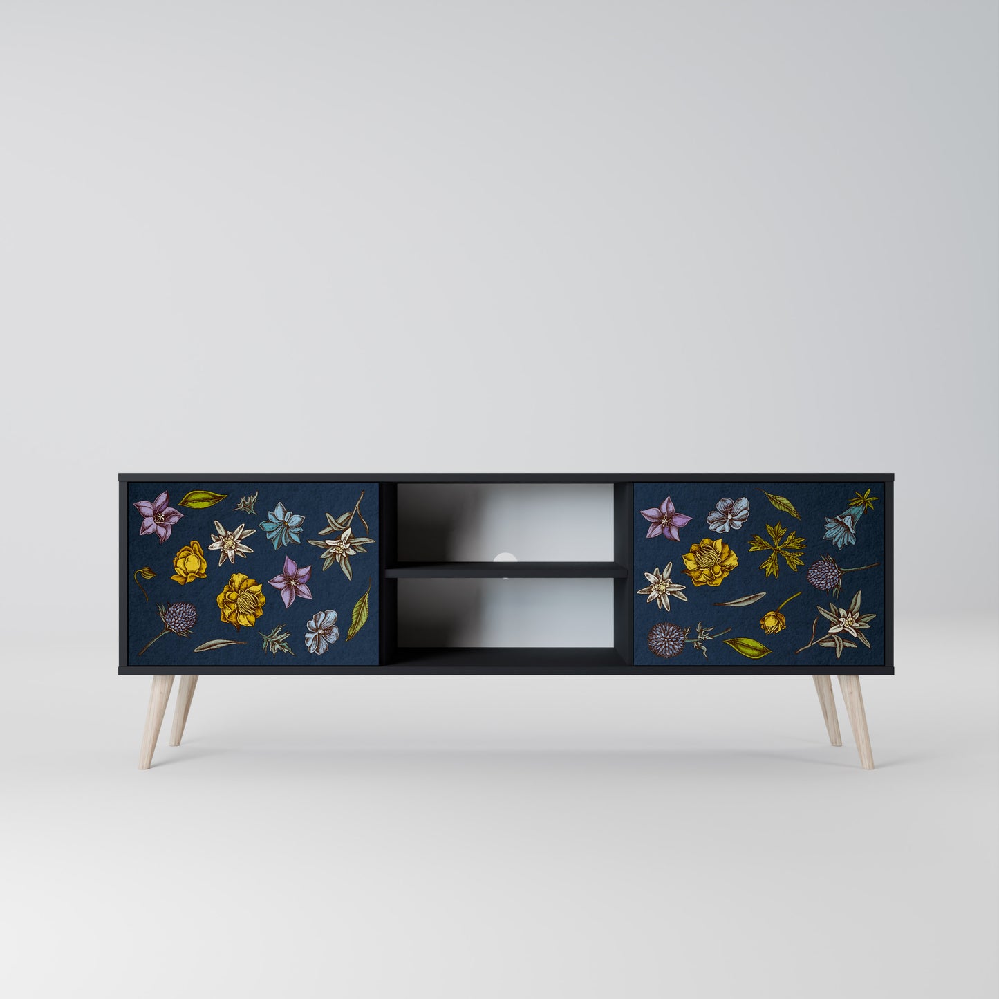 BLOMMOR PÅ MARINBLÅT 2-dörrars TV-bänk i svart finish