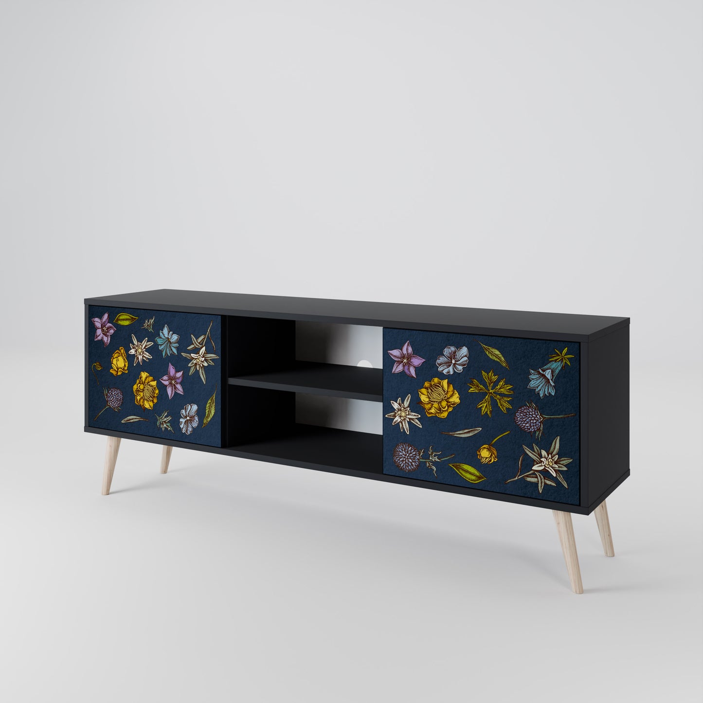 BLOMMOR PÅ MARINBLÅT 2-dörrars TV-bänk i svart finish