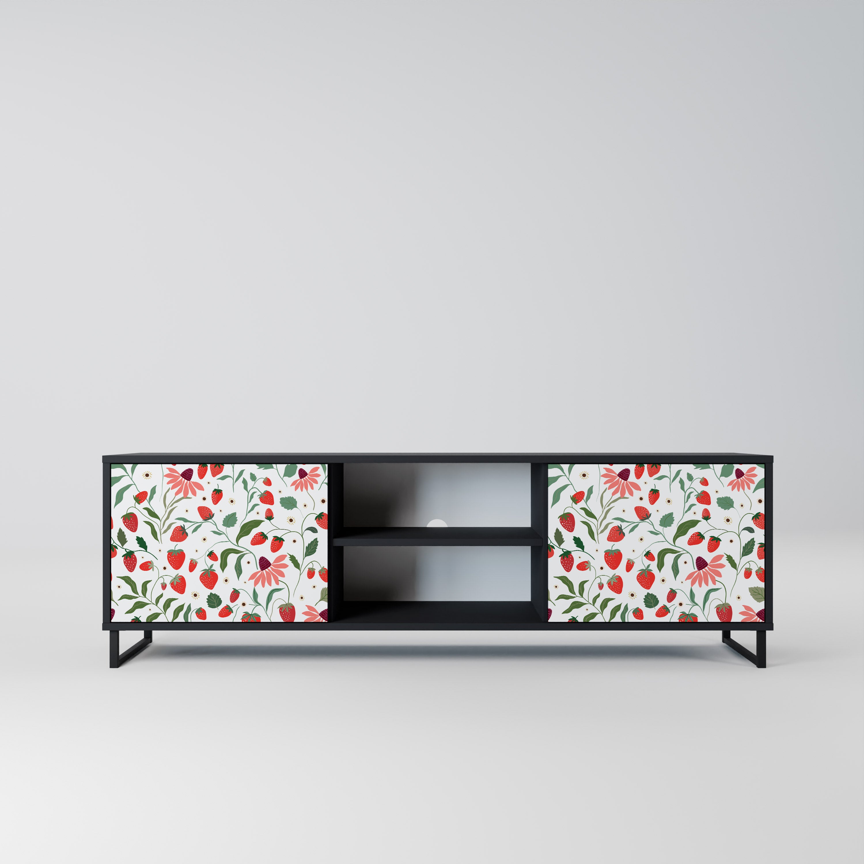 BLOMMOR OCH JORDGUBBAR 2-dörrars TV-bänk i svart finish
