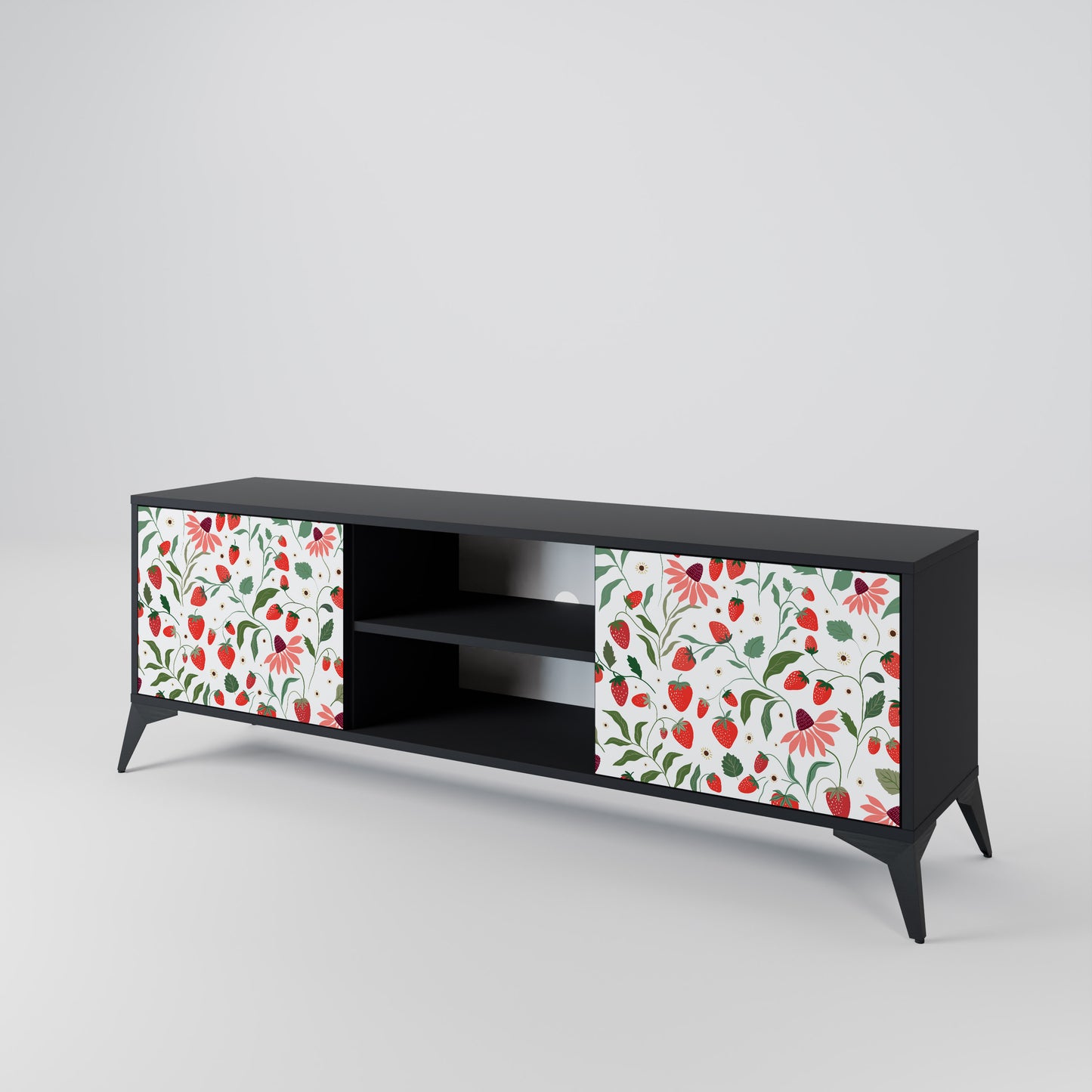 BLOMMOR OCH JORDGUBBAR 2-dörrars TV-bänk i svart finish