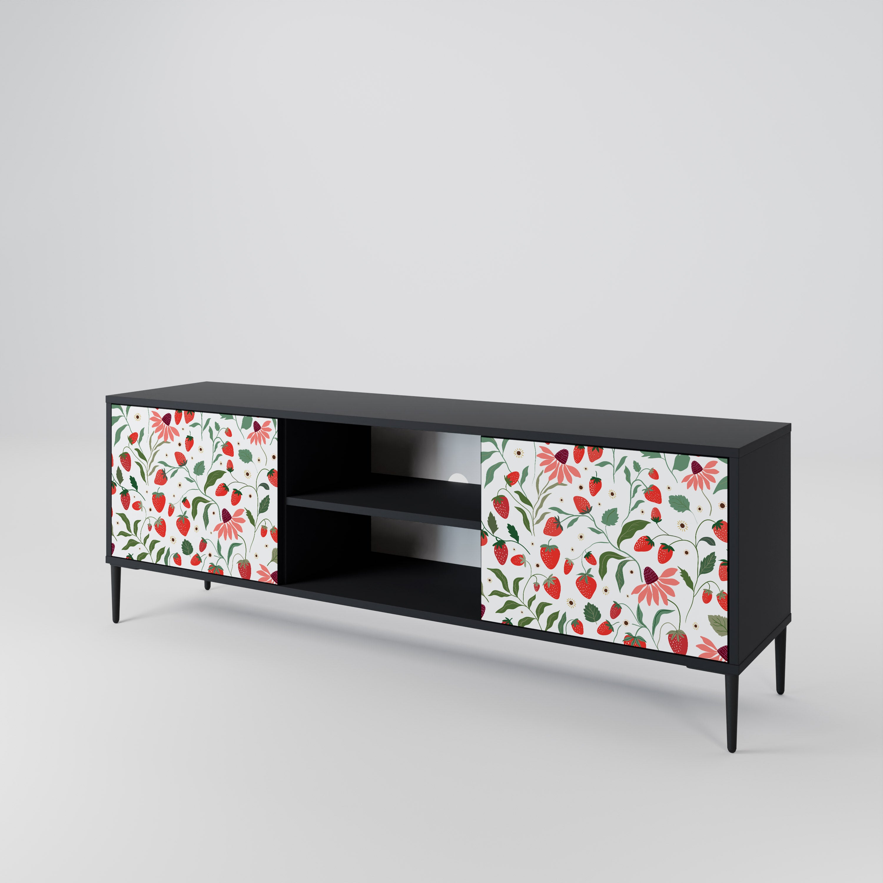 BLOMMOR OCH JORDGUBBAR 2-dörrars TV-bänk i svart finish