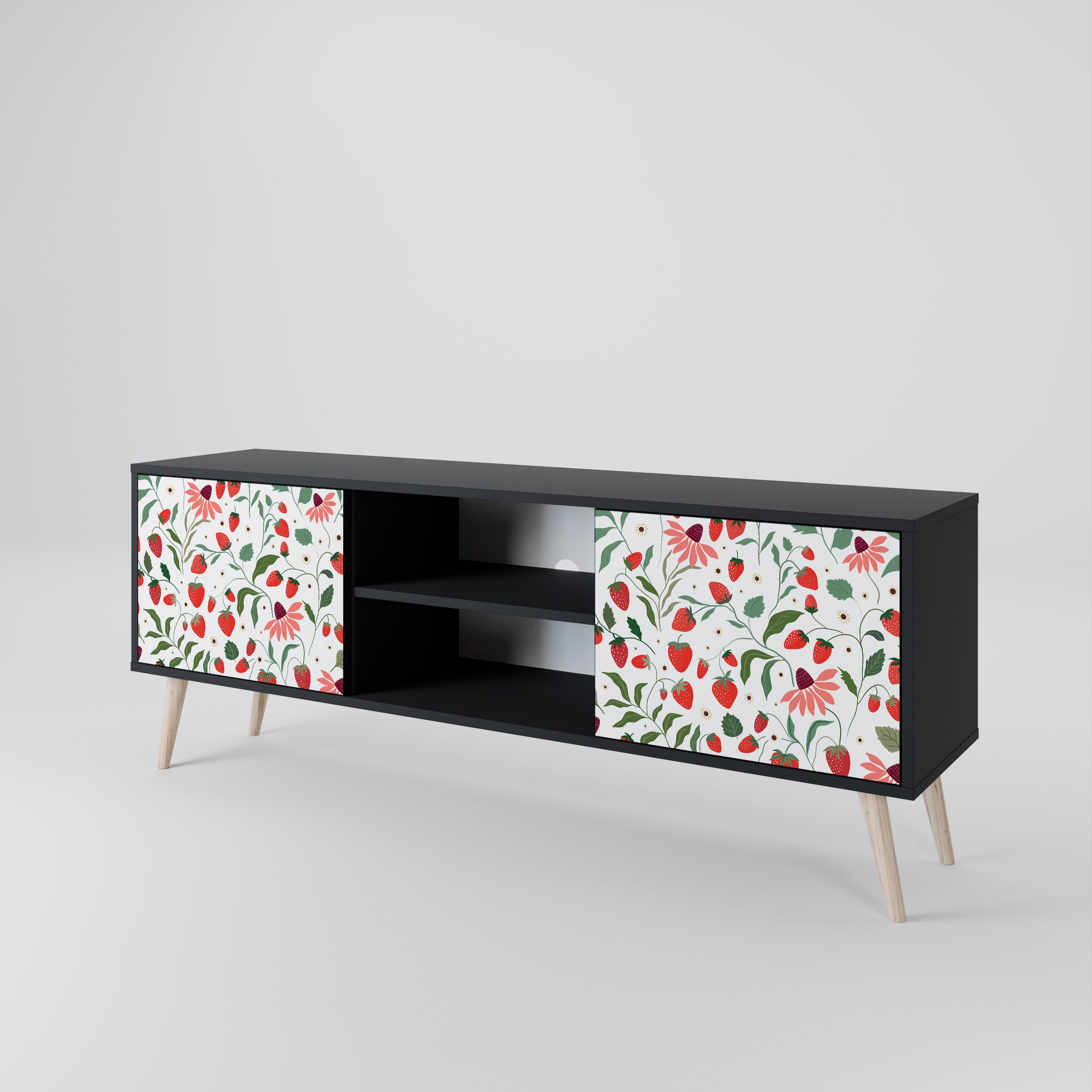 BLOMMOR OCH JORDGUBBAR 2-dörrars TV-bänk i svart finish
