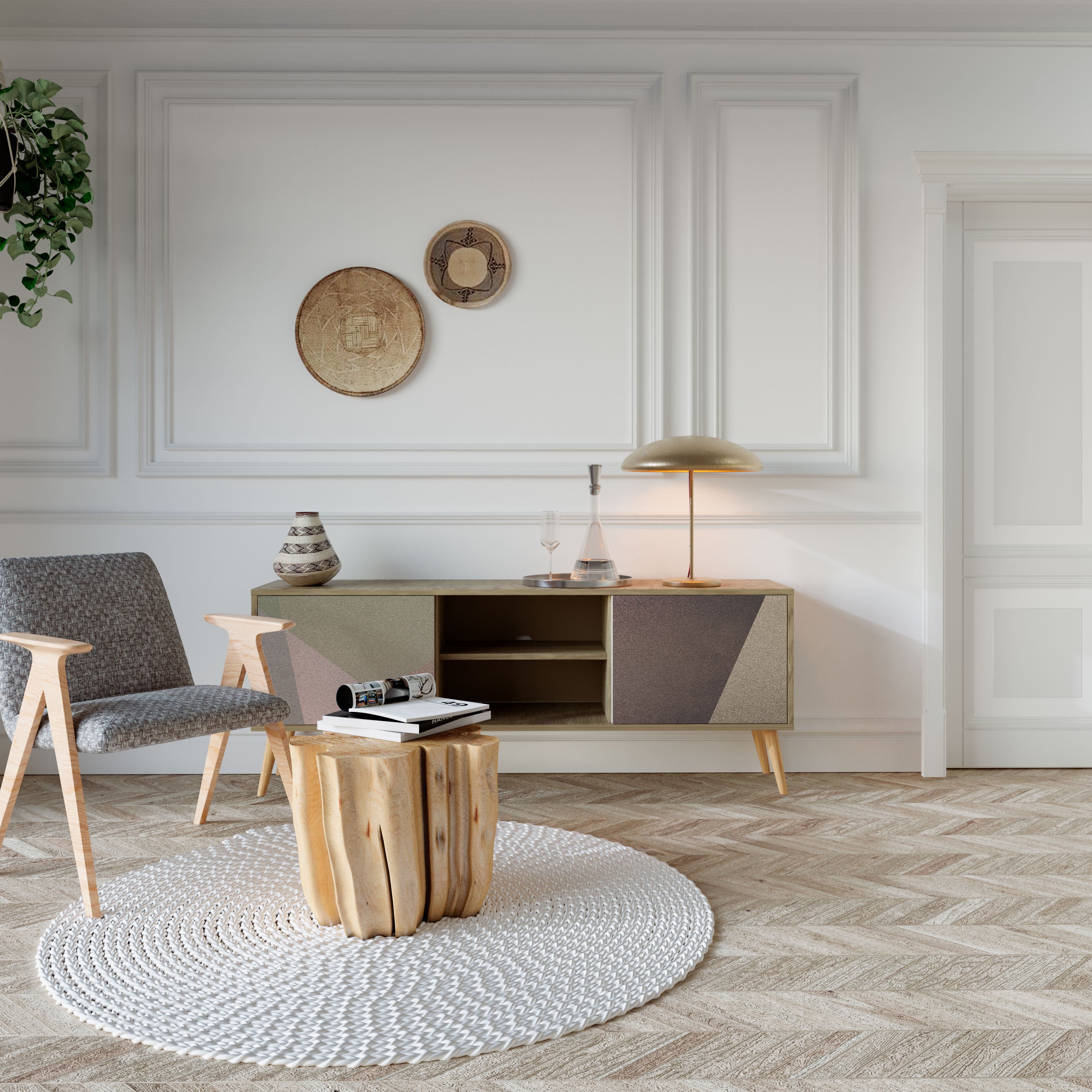 BEIGE GEOMETRY 2-dörrars TV-bänk i ekeffekt