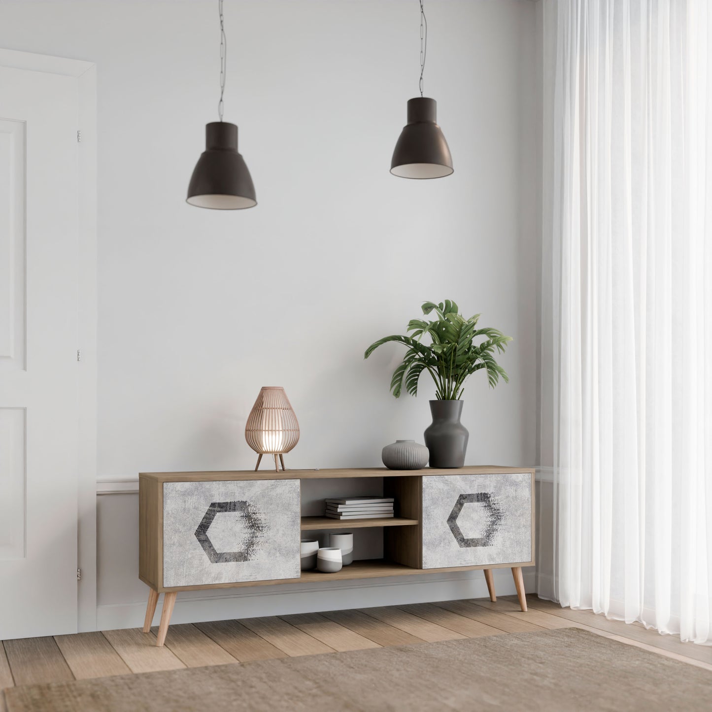 HEXAGONAL FIGURES 2-Door TV Stand in Oak Effect