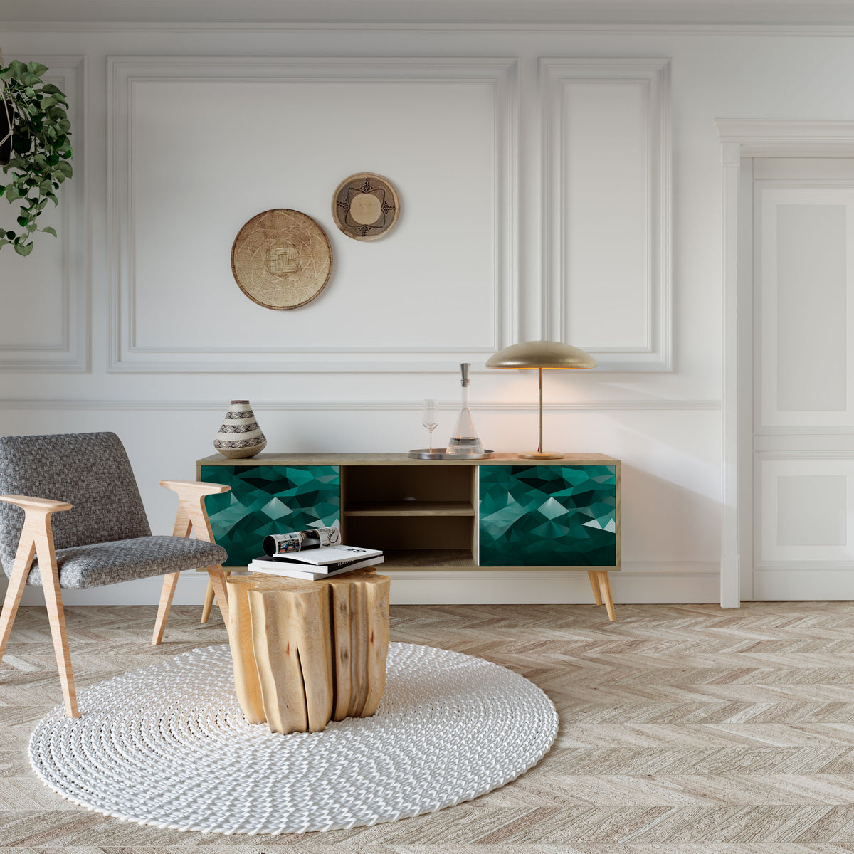 POLYGONAL FLOATING TV-bänk med två dörrar
