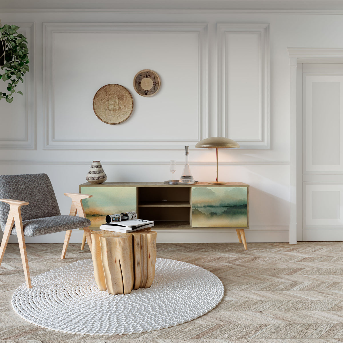 MORNING BY THE LAKE TV-bänk med två dörrar