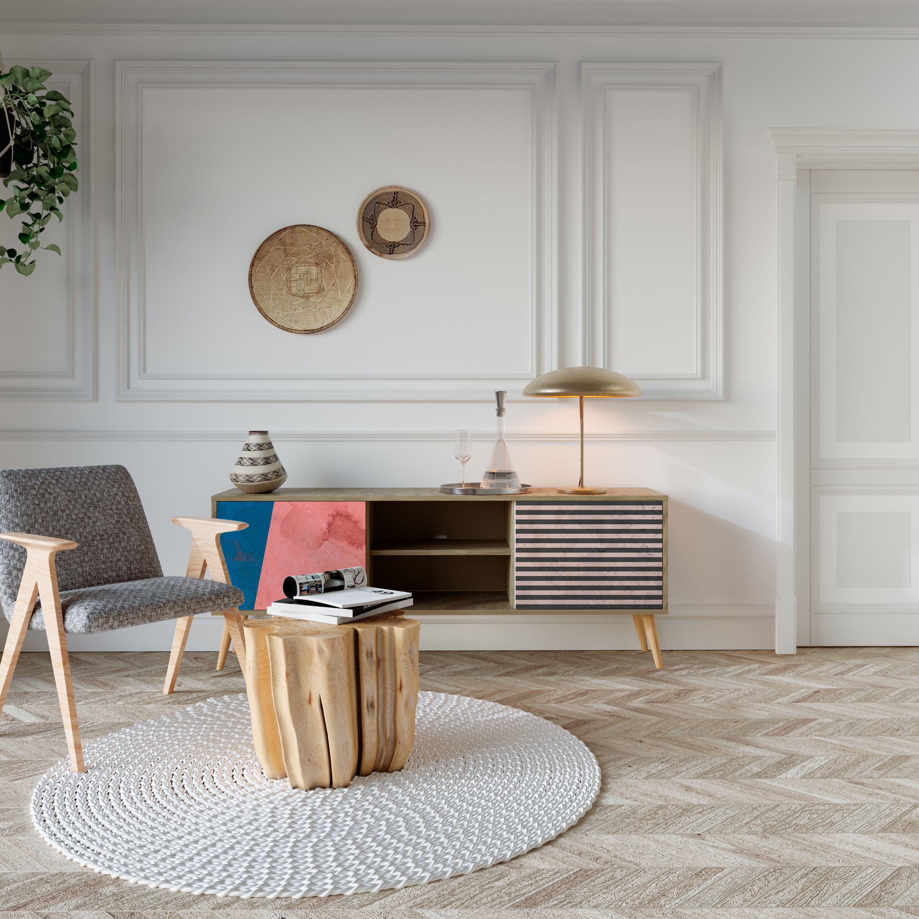 GLAMÖR STRIPE 2-dörrars TV-bänk i ekeffekt