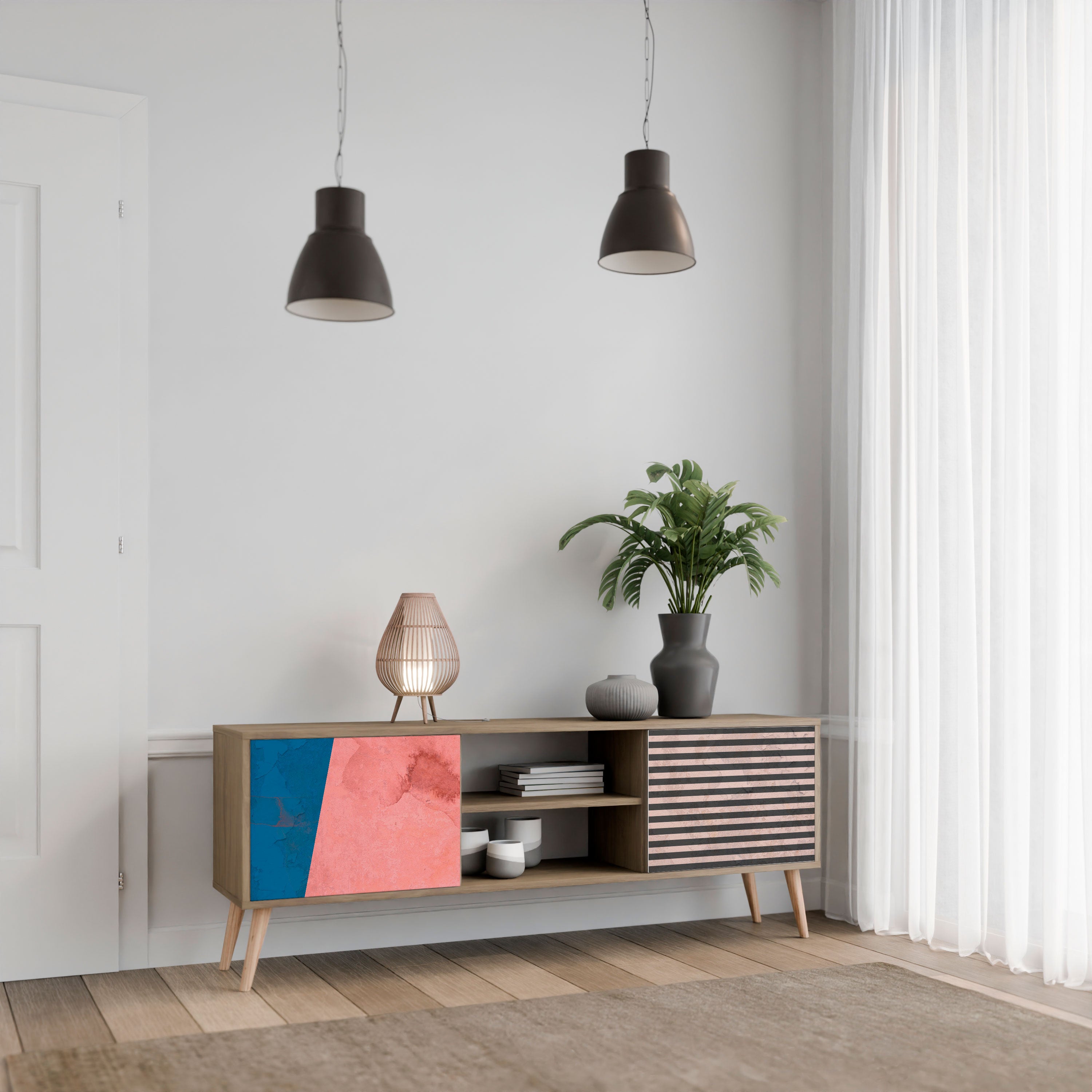GLAMÖR STRIPE 2-dörrars TV-bänk i ekeffekt