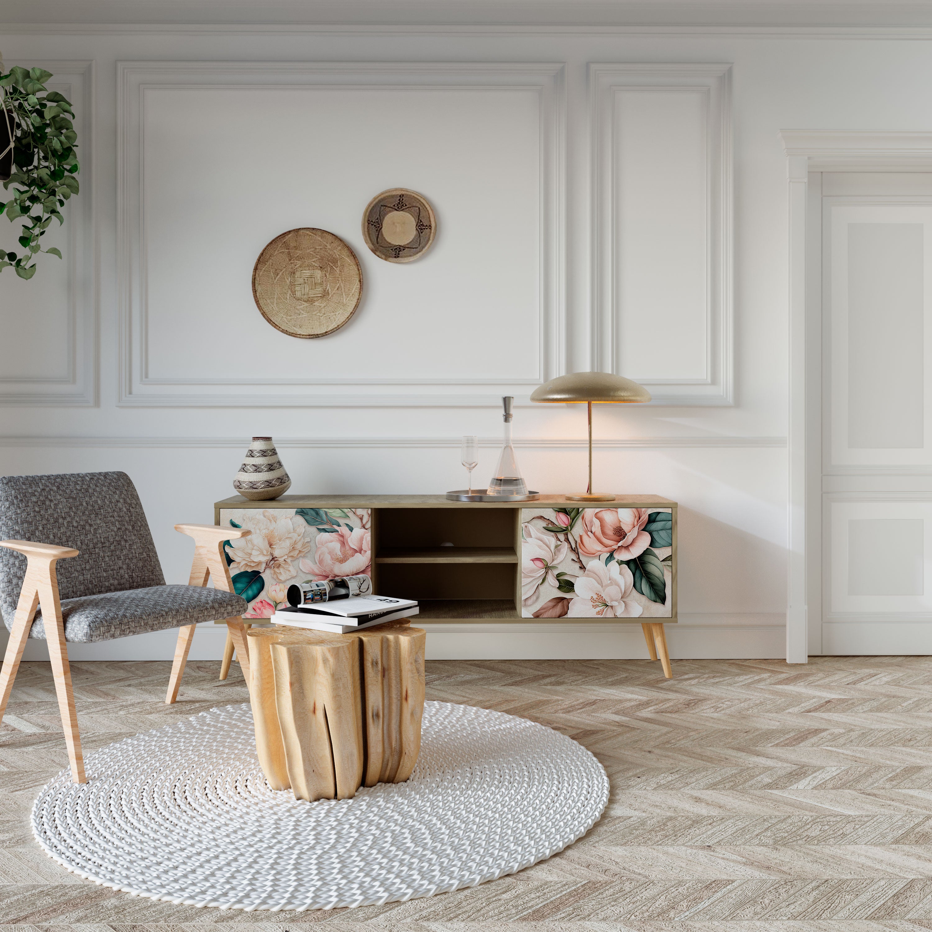 FLORAL GRACE 2-dörrars TV-bänk i ekeffekt