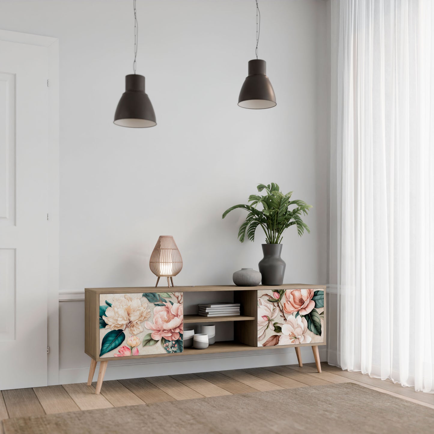 FLORAL GRACE 2-Door TV Stand in Oak Effect
