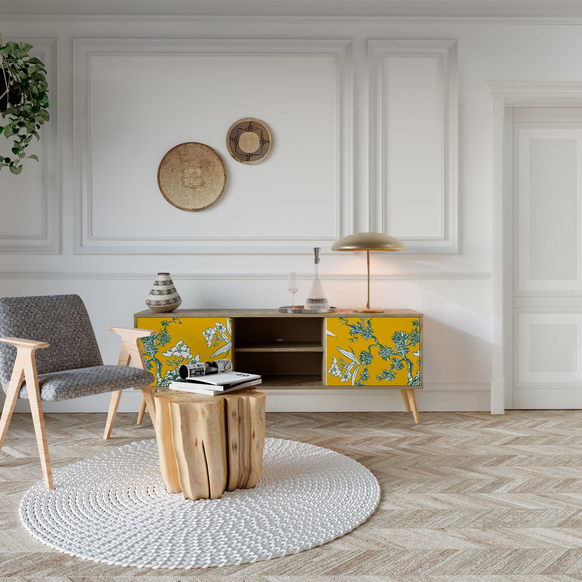 YELLOW CHINOISERIE TV-bänk med två dörrar