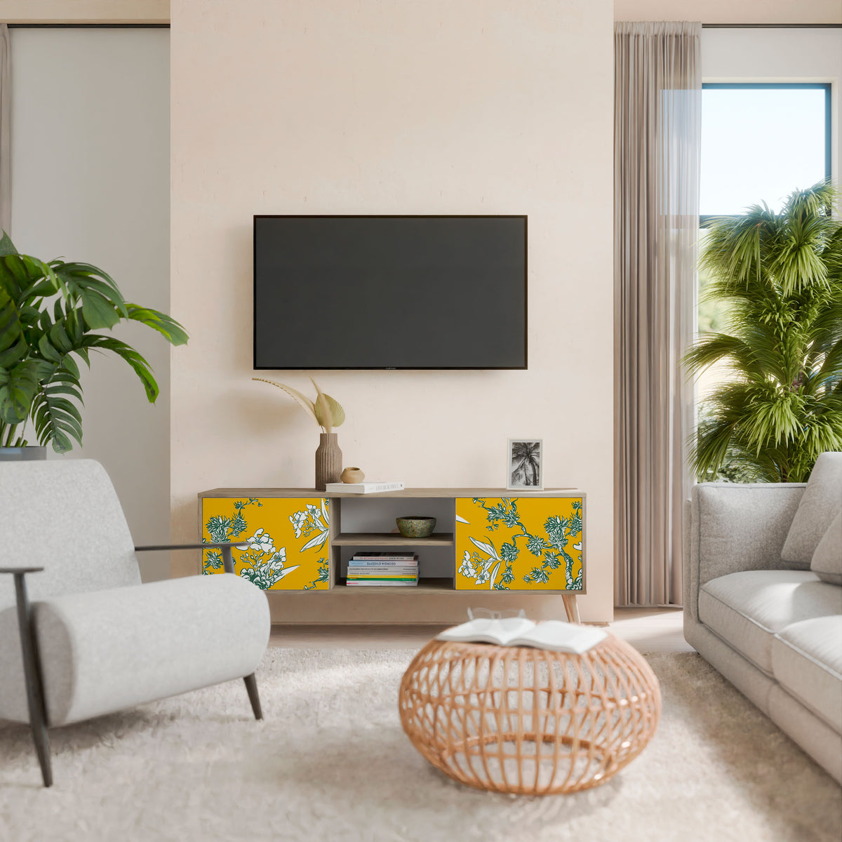 YELLOW CHINOISERIE TV-bänk med två dörrar