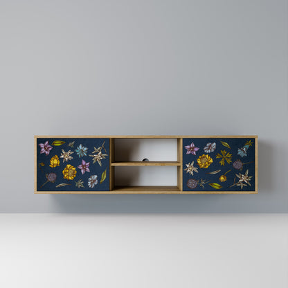 FLOWERS ON NAVY BLUE 2-Door TV Stand in Oak Effect