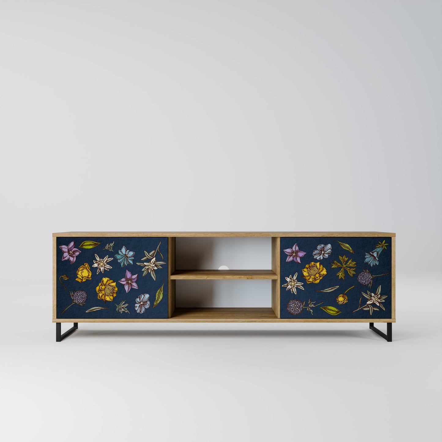FLOWERS ON NAVY BLUE 2-Door TV Stand in Oak Effect