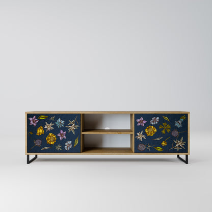 FLOWERS ON NAVY BLUE 2-Door TV Stand in Oak Effect
