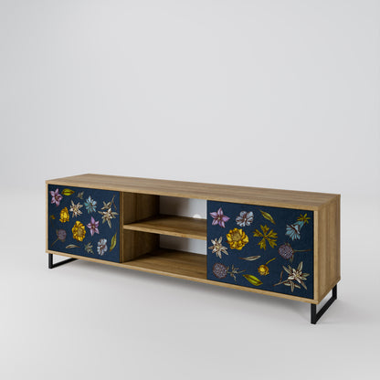 FLOWERS ON NAVY BLUE 2-Door TV Stand in Oak Effect