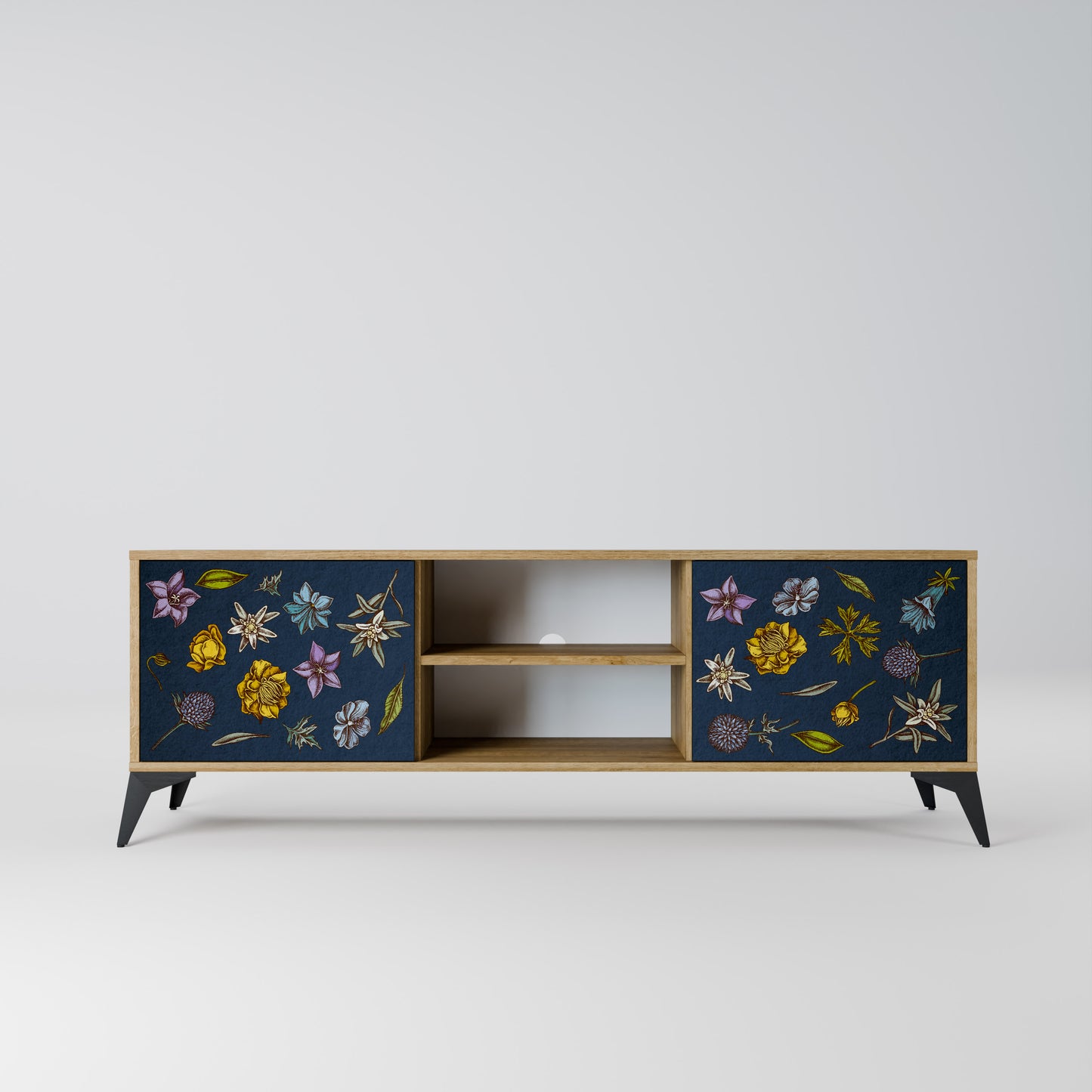 FLOWERS ON NAVY BLUE 2-Door TV Stand in Oak Effect