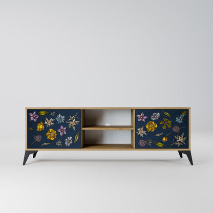 FLOWERS ON NAVY BLUE 2-Door TV Stand in Oak Effect