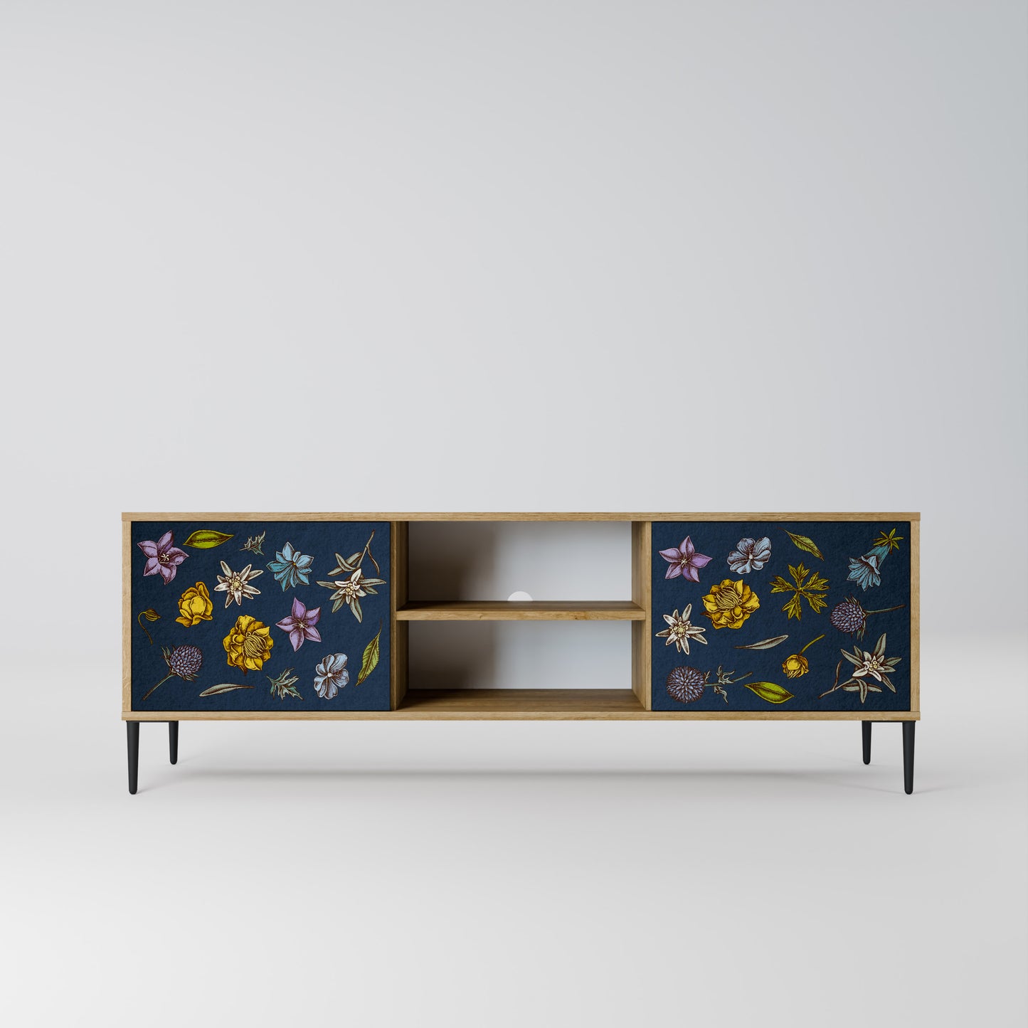 FLOWERS ON NAVY BLUE 2-Door TV Stand in Oak Effect