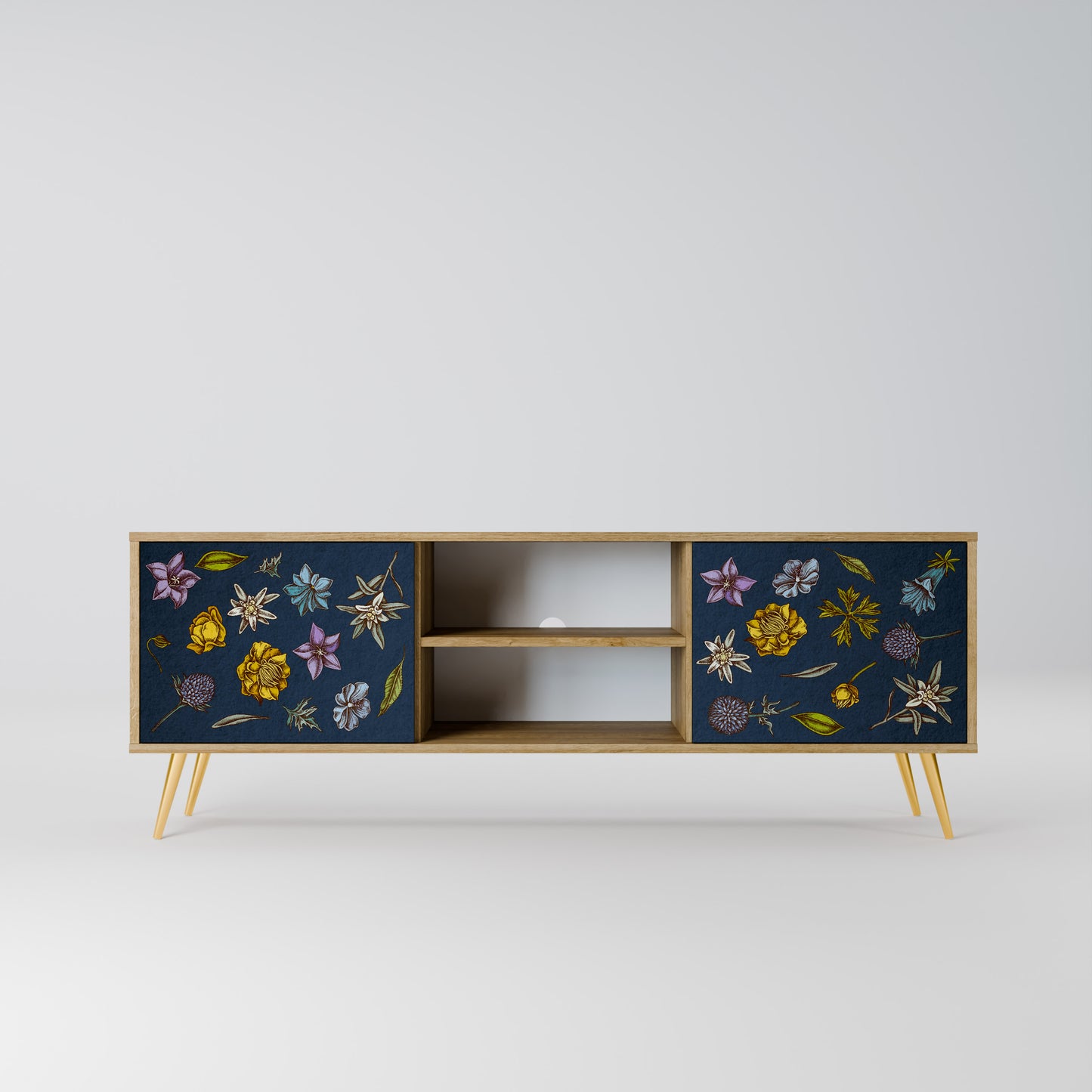 FLOWERS ON NAVY BLUE 2-Door TV Stand in Oak Effect